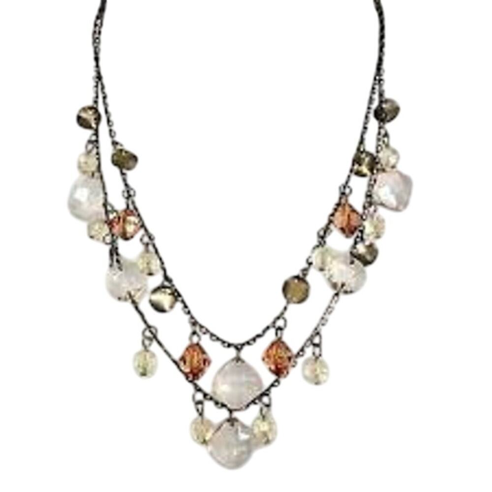 Antique Gold Tone Chain Beaded Chandelier Tuscany Necklace 2 Strand, costume